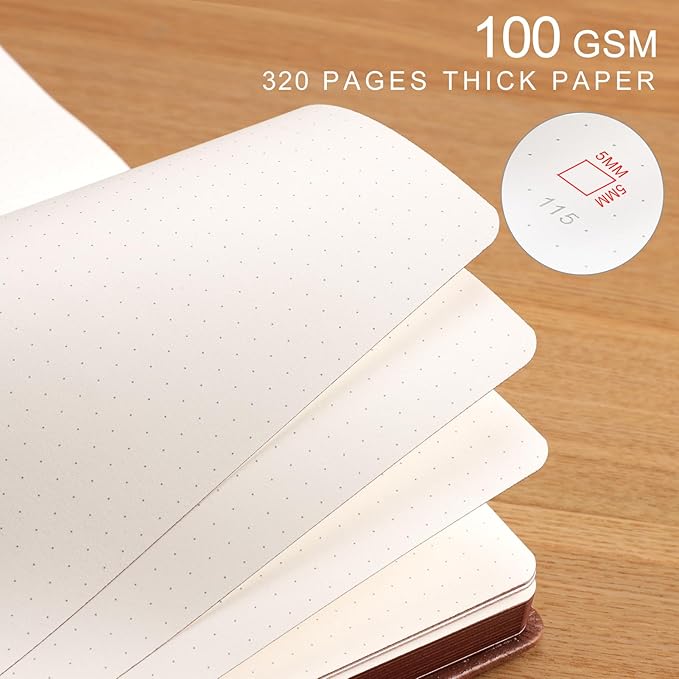 AHGXG Thick Journal Dotted Notebook for Men - 320 Numbered Pages A5 Notebook for Writing, 100gsm Dot Paper, Vintage Leather Hardcover, for Women Work Office School, 5.75'' X 8.38''- Brown - Bloomnest