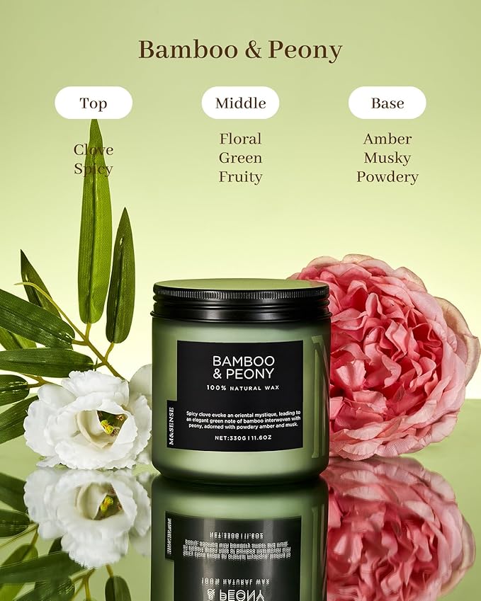 M&SENSE Bamboo Peony Scented Candle, 11.6oz Aromatherapy Jar Candle, 70 Hour Burn Time, Natural Soy Wax Blend, Stress Relief, Home Fragrance - Bloomnest