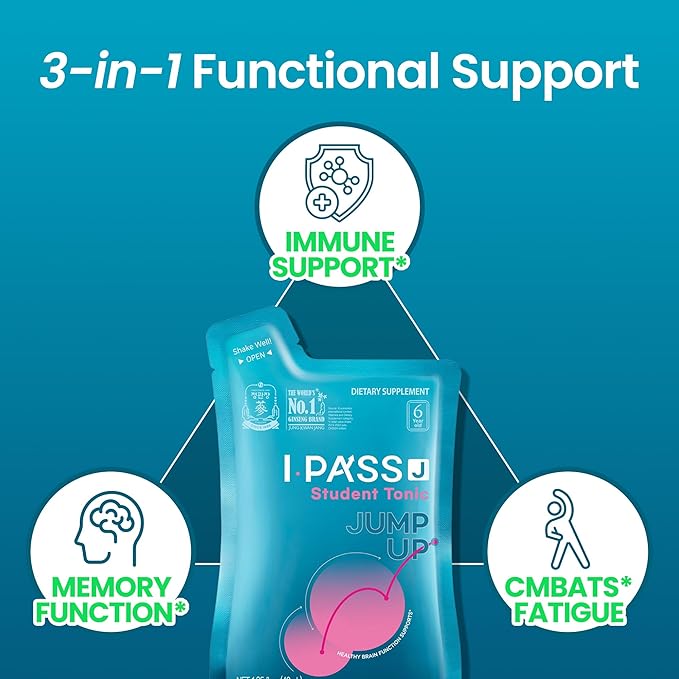 JungKwanJang i-Pass Junior Dietary Supplement- Korean Red Panax Ginseng Extract - Support Immune System, Memory Improvement and Concentration, Productivity - 30 Pouches - Bloomnest
