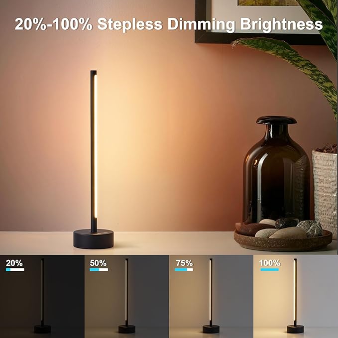 Cordless LED Table Lamp Set of Two, Battery Operated Portable Desk Lamp, Dimmable/3 Color/Memory Function, Modern Rechargeable Table Light for Living Room,Bedroom, Bedside, Black, 2 Pack - Bloomnest