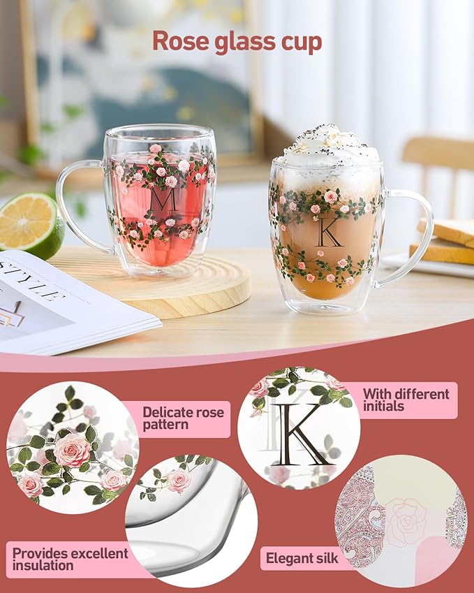 Initial Glass Cup for Women, 12oz Rose Double Walled Glass Coffee Mugs, Personalized Gifts for Women, Initial Coffee Tea Mug with Scarf, Birthday Wedding Gifts for Her Mom Teacher (ROSE-Y) - Bloomnest
