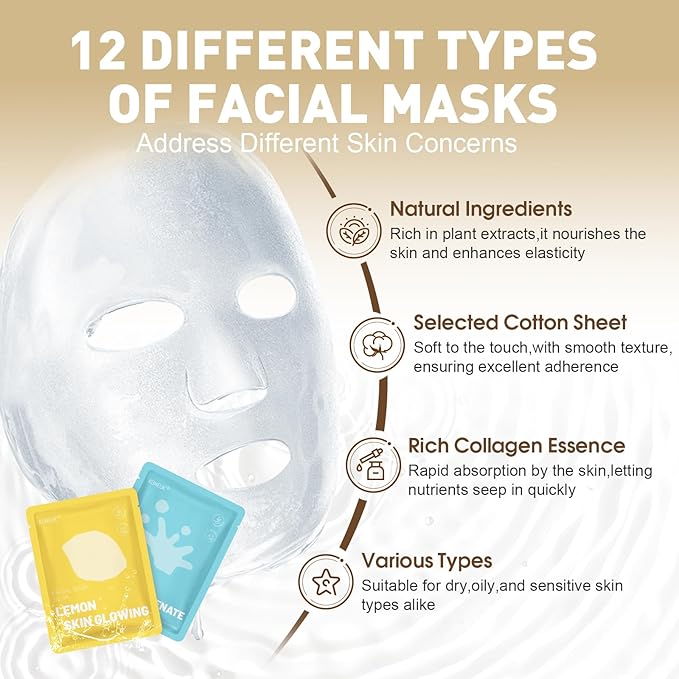 120 Pack Collagen Essence Sheet Face Masks Skincare, Moisturizing & Hydrating Face Mask for Skin Care, Bulk Face Masks for All Skin Types, Spa Party Gifts for Women (12 Types x 10 Pcs) - Bloomnest