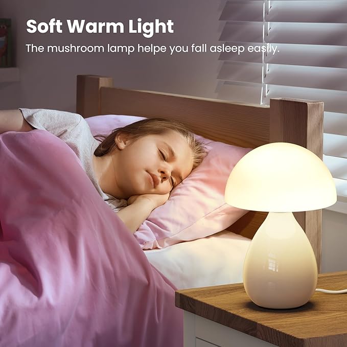 Mushroom Lamp Small Vintage Table Light, Mini Modern Lamp Bedside Nightstand LED, Small Light Dimmable for Bedroom, Living Room, Ceramic Base Glass Led Home Decor for Woman Gifts - Bloomnest