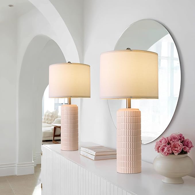 PoKat 27.5" Pink Ceramic Table Lamps for Girls Room Set of 2, Modern Bedroom Lamps, Bedside Lamps for Night Stands Living Room, Cute Lamps Pink Decor, Nightstands Desk Nursery - Bloomnest