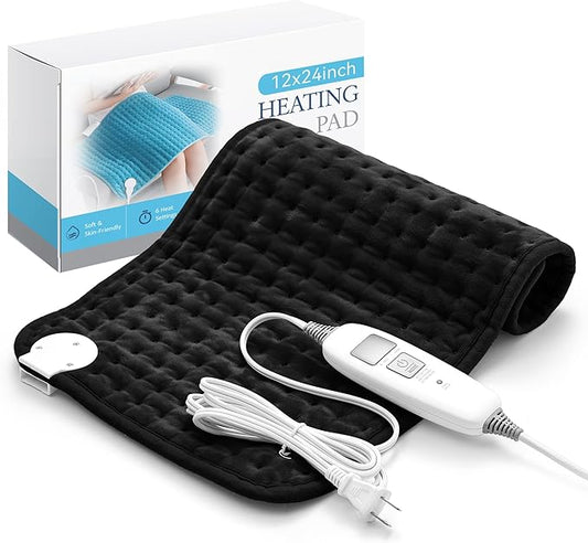Electric Heating Pad for Back Pain Relief & Cramps - 6 Heat Settings,Auto Shut Off,Moist Heat Options,Portable Heated Pads for Neck/Shoulder Machine Washable Gift for Men Women,Black,12"x24" - Bloomnest