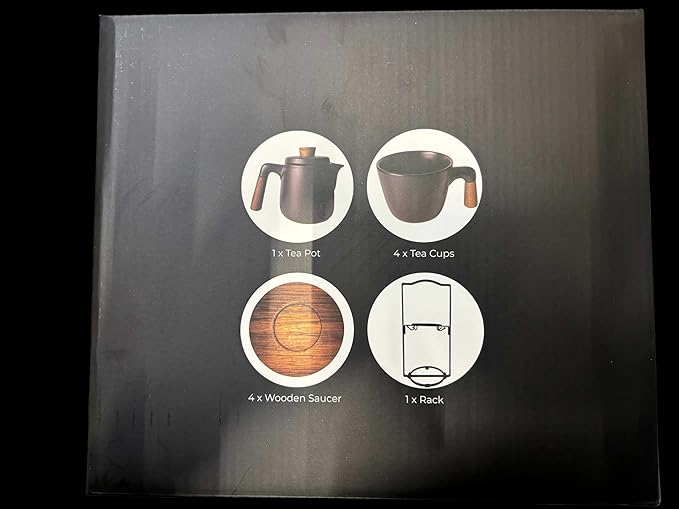 MIAMIO – 34 Oz Ceramic Tea Pot Set with Infuser and Cups/Tea Strainer, 4 Ceramic Tea Mugs (10 Oz), Bamboo Saucers/Handle for Home and Office (Black) - Bloomnest