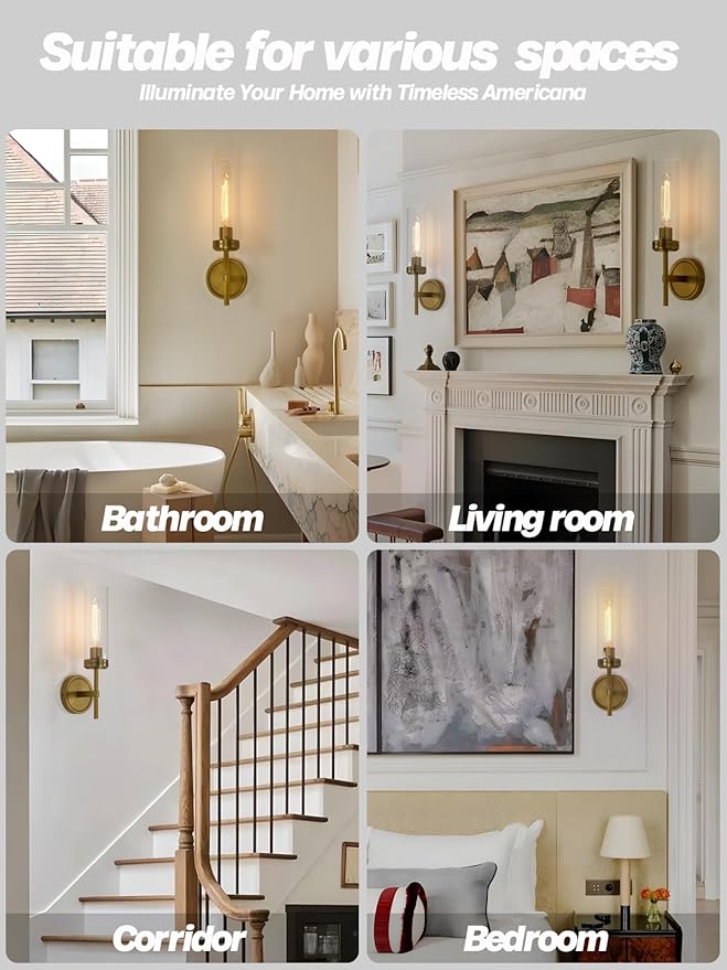 Modern Wall Sconces Set of Two Brass Gold Bathroom Vanity Light with Handblown Clear Glass Hardwired Wall Sconce Light for Bathroom Mirror Bedroom Livingroom Hallway Indoor - Bloomnest