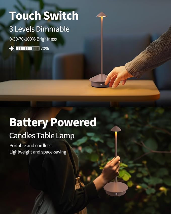 Modern Cordless Table Lamp Set of 2, Portable LED Desk Lamps, 5000mAh Rechargeable Battery Operated Lighting for Bedroom Dining Room Restaurant Coffee Shop Camping Night Light (Brown) - Bloomnest