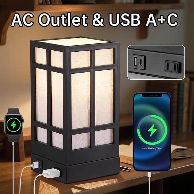 Beside Table Lamp set of 2 with AC Outlet, USB A & C Charging Port,Small Rectangular Nightstand Lamp with Bamboo Linen Shade,LED Bulbs Included,Tabletop Reading Lamp for Living Room/Dorm/Office - Bloomnest