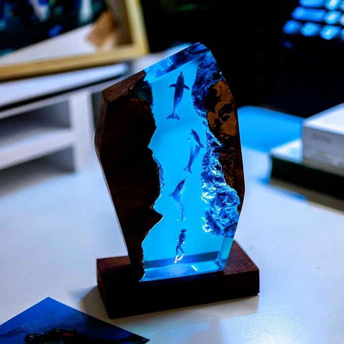 Handmade 3D Ocean Resin Lamp, Epoxy Ocean Night Light with Wooden Base, LED Color Changing Table Lamp, USB Powered Dragons Decor, Unique Ocean Gift for Bedroom & Home Office (Dolphin&Diver) - Bloomnest