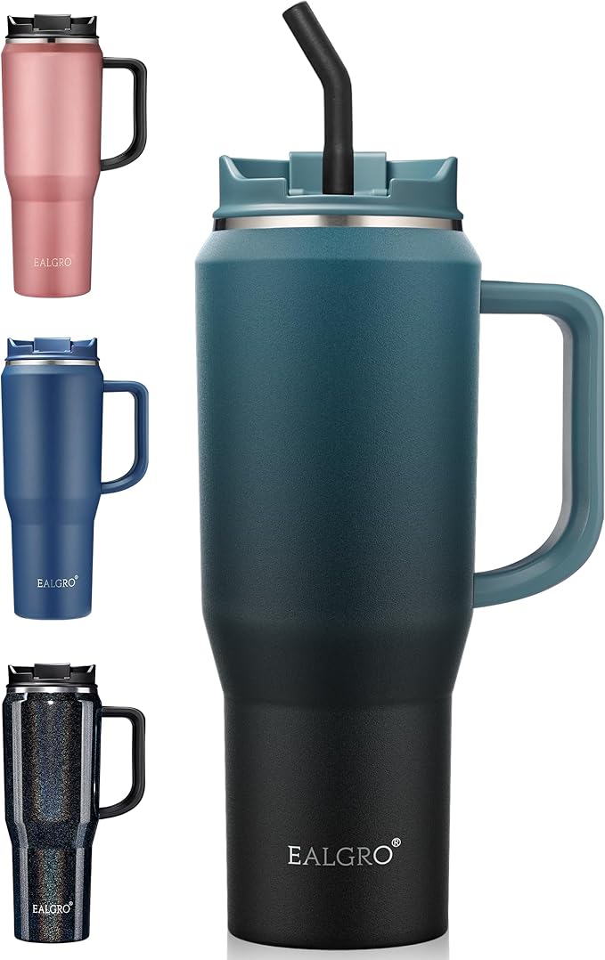 40 oz Insulated Water Bottle Jug with Straw and Handle, Large Metal Sport Water Flask, Stainless Steel Travel Coffee Mug Cup, Thermal Coffee Tumblers with Lid, Indigo Black - Bloomnest