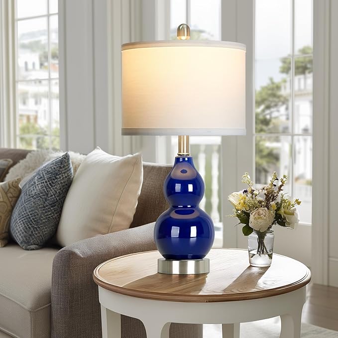 22" Double Gourd Ceramic Table Lamps Set of 2, Navy Blue Modern Bedside Lamps for Living Room, Contemporary Nightstand Desk Lamps for Bedroom End Table Home Office Decor(2 LED Bulbs Included) - Bloomnest