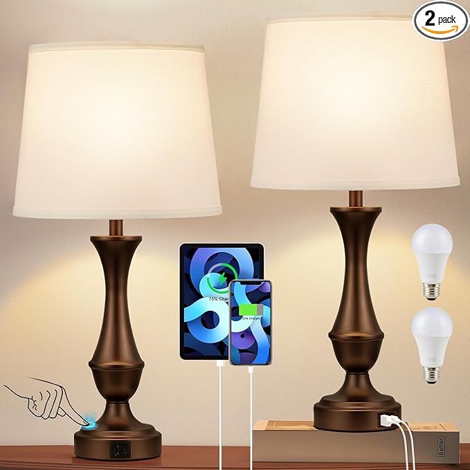 Seealle Upgraded Touch Lamps for Night Stands Set of 2 - Bedside Lamps with USB C+A, 3 Way Dimmable for Bedroom Living Room End Tables Office (White&Brown) - Bloomnest