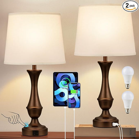Seealle Upgraded Touch Lamps for Night Stands Set of 2 - Bedside Lamps with USB C+A, 3 Way Dimmable for Bedroom Living Room End Tables Office (White&Brown) - Bloomnest