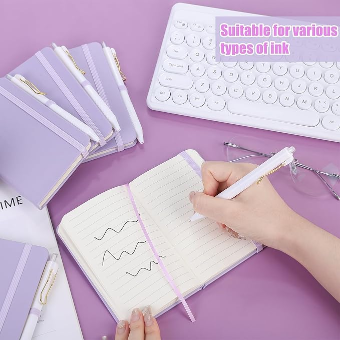 Aodaer 50 Sets Pocket Notebook Journal with Pens, 160 Pages, 3.5 x 5.5 Inch Mini Lined Journal Notebook A6 Leather Hardcover College Ruled Notepad with Pen Holder for School Office Gifts, Lavender - Bloomnest