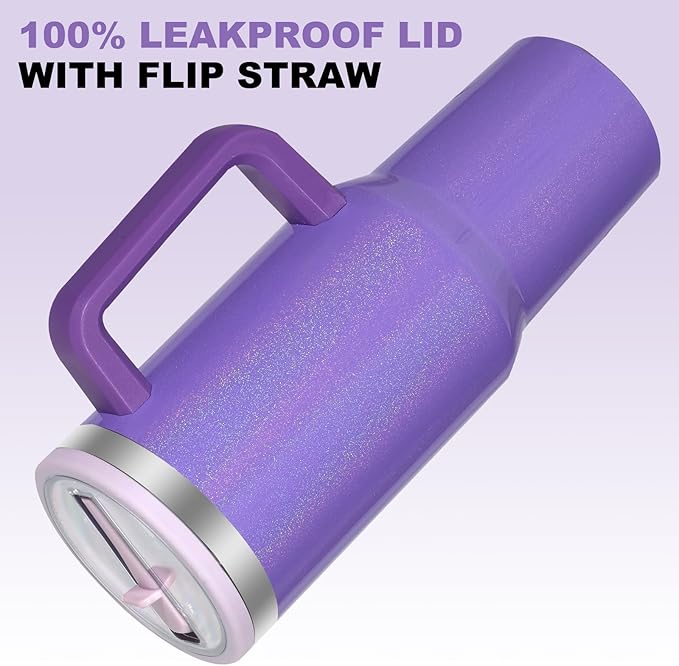 40 oz Tumbler with Handle and Flip Straw Lid, Vacuum Insulated Leak Proof Double Walled Stainless Steel Glitter Travel Mug Tumblers, Maintains Cold Ice and Heat for Hours(Purple) - Bloomnest