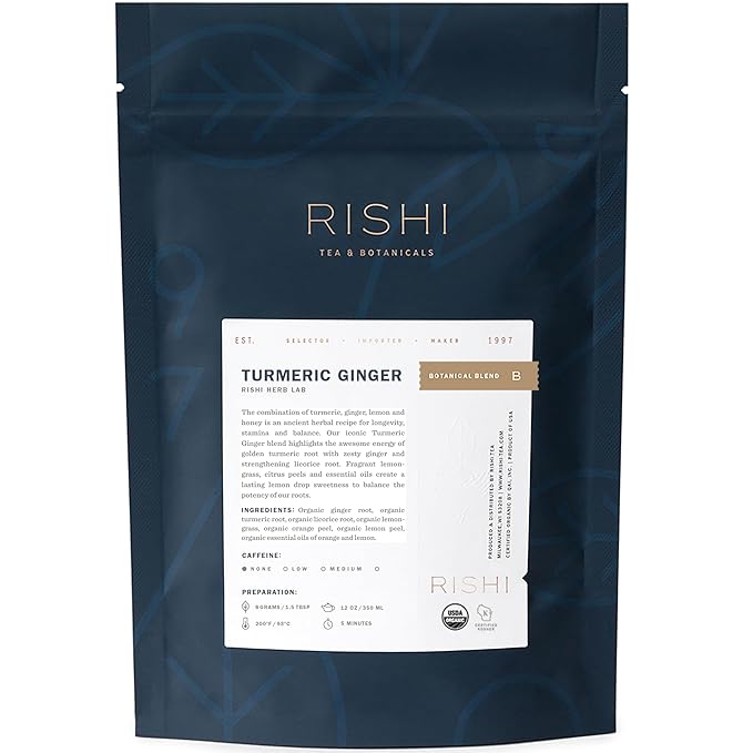 Rishi Tea Turmeric Ginger Herbal Tea - Organic Loose Leaf, Caffeine Free Ayurvedic Digestive Blend with Spicy Ginger & Citrus - 4 Ounces, 14+ Servings - Bloomnest