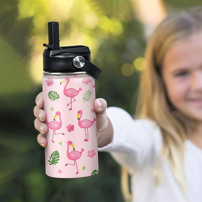 SANDJEST Kids Water Bottle Flamingo Water Bottles 12oz with Straw Insulated Stainless Steel Travel School Tumbler Double Wall Vacuum Cup for Girls Kid - Bloomnest