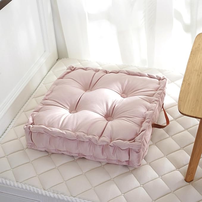 Floor Cushion Pillow, 16.5" Square Floor Cushion Seating for Adults Velvet Thick Meditation Cushion with Handles Decorative Floor Pillow for Yoga Living Room Bedroom Tatami, Pink - Bloomnest