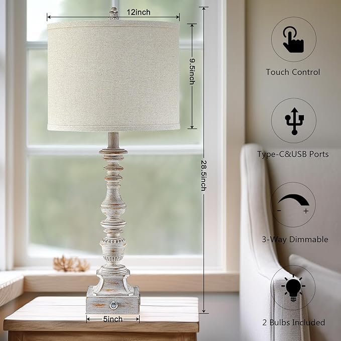 Farmhouse Table Lamps for Bedroom Set of 2 Vintage 3-Way Dimmable Touch Control Nightstand Lamps, Bedside Lamps for Living Room, Traditional Nightstand Lamp End Table lamps 28.5" (Bulbs Included) - Bloomnest