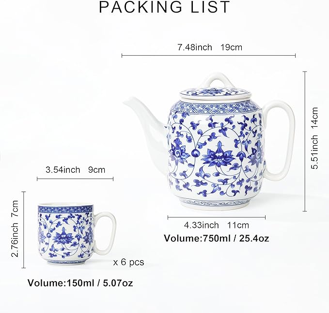 fanquare Chinese Blue and White Porcelain Teapot Set Traditional Kung Fu Tea Sets with 6 Cups for Loose Leaf Tea Adults