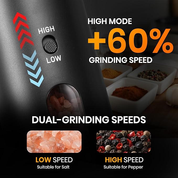 Rechargeable Salt Grinder Set Top-Refill Electric Grinders with Variable Grinding Speed, External Adjustable Coarseness, Black - Bloomnest