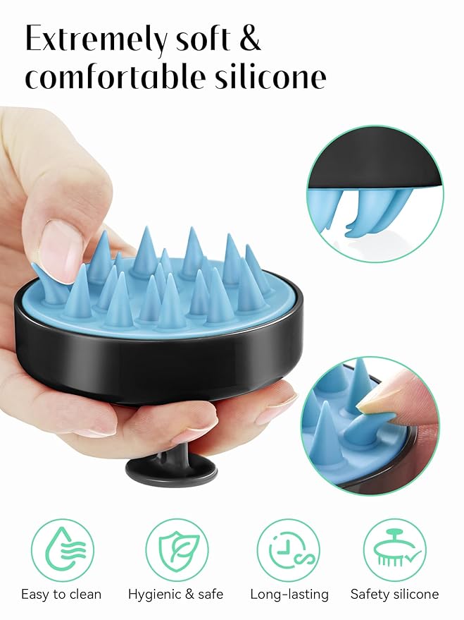 HEETA Scalp Massager Hair Growth, Soft Silicone Scalp Scrubber Shampoo Brush for Exfoliation, Dandruff Removal Head Massage Stress Relax, Wet & Dry Use for Thick Thin Curly Hair Care, Black Blue HEETA