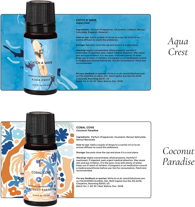 Folkulture Essential Oils for Home | Set of 6 (0.34 fl oz x 6) Beach Diffuser Oil for Relaxation | Coconut Essential Oil for Meditation | Aqua, Oud, Orange Zest Essential Oils for Women - Bloomnest