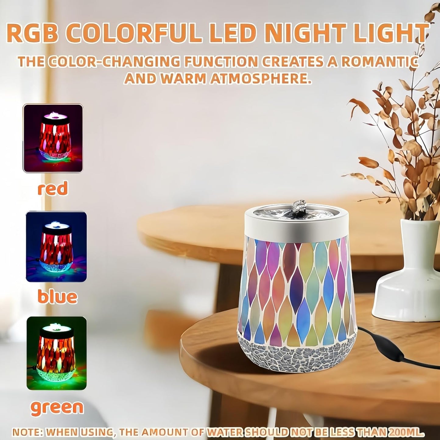 VOREEN Mosaic Tabletop Water Fountain, 20OZ Stress Relief Aromatherapy & LED Color Therapy Ultra Quiet, Indoor Zen Relaxation for Office，Essential Oil Diffuser for Office, Home, Yoga, Relaxation