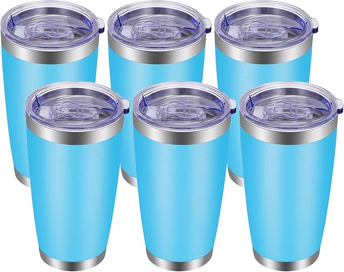 VEGOND 20oz Tumbler with Lid and Straw Stainless Steel Tumbler Cup Bulk Vacuum Insulated Double Wall Travel Coffee Mug Powder Coated Coffee Cup(Sky Blue 6 Pack