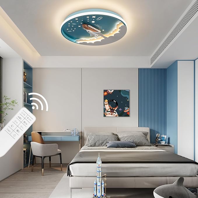 Modern Ceiling Light Fixtures Dimmable LED Kids Room Ceiling Lamp 20" Kitchen Ceiling Light with Remote Control 3000k-6000k Blue Cartoon Rocket Semi Flush Mount Ceiling Lights for Bedroom - Bloomnest