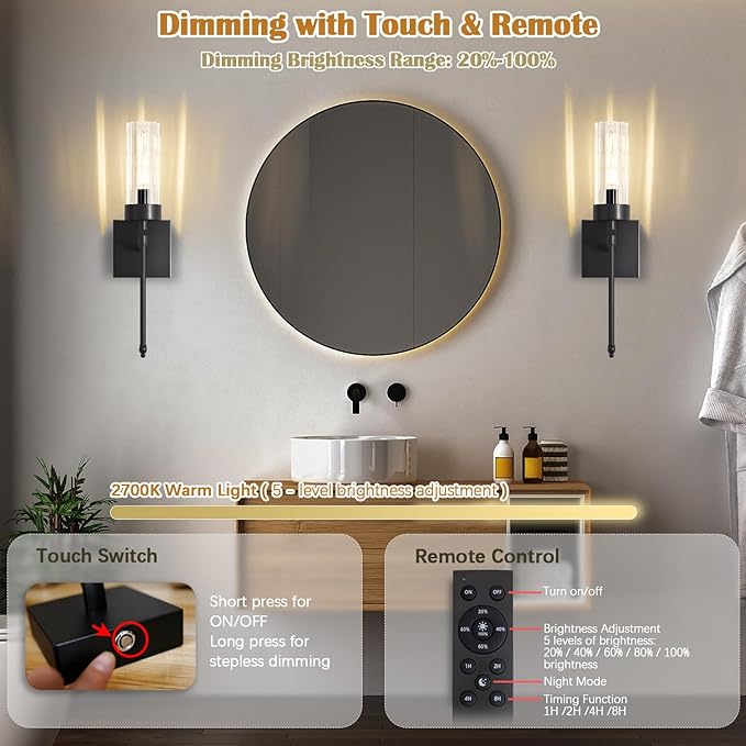 Battery Operated Wall Sconce Set of Two with Remote, Black Rechargeable Wireless Wall Lights, Sconces Wall Decor Set of 2 Dimmable 2700K Battery Powered Sconce for Bathroom Living Room Hallway - Bloomnest