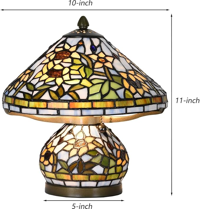 Bieye L10907 Tiffany Style Stained Glass Mushroom-Shaped Double Lit Table Lamp for Home Decor (10-inch, Yellow Sunflower)