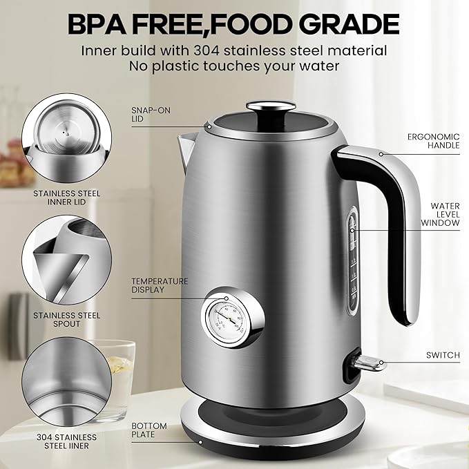 Pukomc Electric Kettle,1.7L Stainless Steel Electric tea kettle with Temperature Gauge, Fast Boiling, Auto Shut - off, BPA - Free, Boil - Dry Protection, (Silver) - Bloomnest