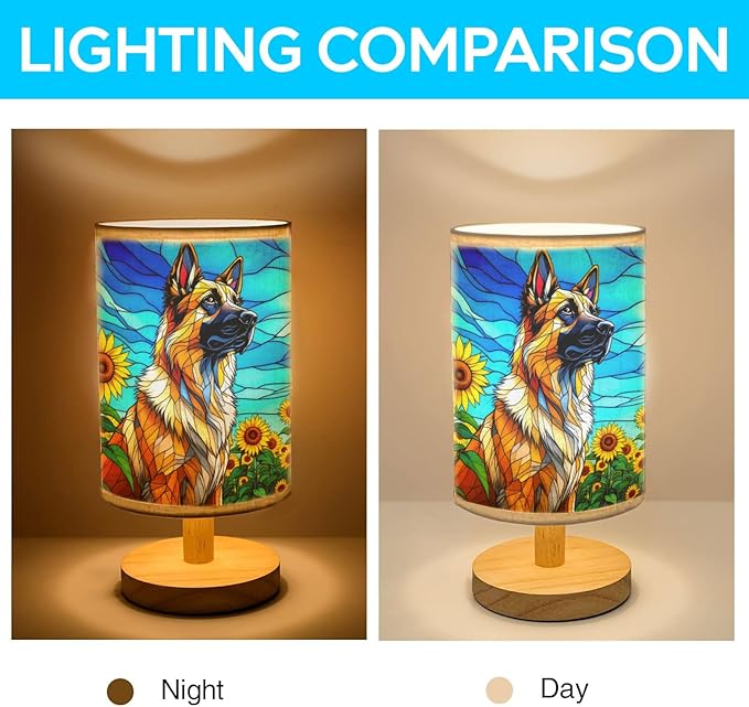 Anatolian Shepherd Table Lamp LED 3-Color Pressed Bedside, Dog Shade Lamp with Wood Base for Bedroom Living Room Desk Office - Bloomnest