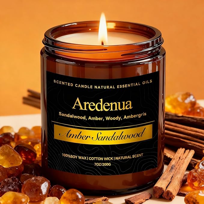 Amber Sandalwood Candle, Scented Candles for Home, Masculine Candle, Aromatherapy Gifts - 7oz Soy Candles for Home Scented, 50 Hours Burn Time, Perfect for Creating Relaxing & Room Filling Fragrance - Bloomnest