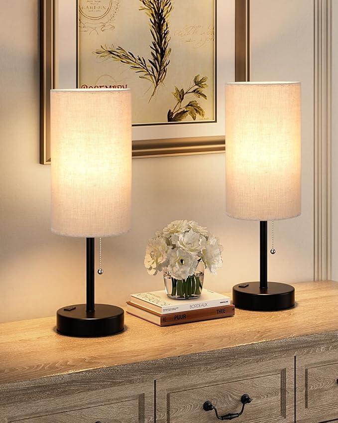 Fenmzee Plus Beige Bedside Table Lamps Set of 2-3 Color Temperatures Pull Chain Lamp with AC Outlet Charging Port, Two Round Night Stand Lamps for Bedroom Guest Room Office, Bed Side Light - Bloomnest