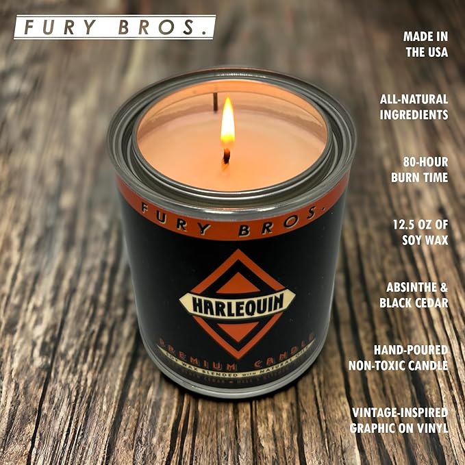Fury Bros. Scented Candles for Men | Harlequin | Absinthe & Black Cedar | Natural Soy Wax | Hand-Poured in The USA | Long 70-80 Hour Burn (12.5 oz) | Vintage-Inspired Tin Design | Dad Home Gift - Bloomnest