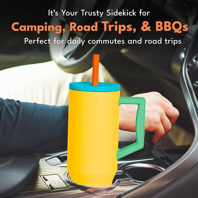 Elemental 40 oz Tumbler with Handle and Straw - Spill Proof Insulated Stainless Steel Commuter for Hot and Cold Beverages - Travel Coffee Mug with 2 Straws & Spill Proof Lid - 40oz - Lemon Zest - Bloomnest