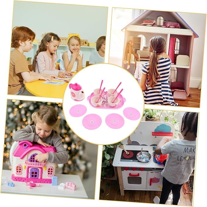 Pretend Play Tea Party Set for Little Food-Grade Plastic Teapot with Tray Cups and Saucers Vibrant Colors Safe and Kitchen for Birthday and Christmas