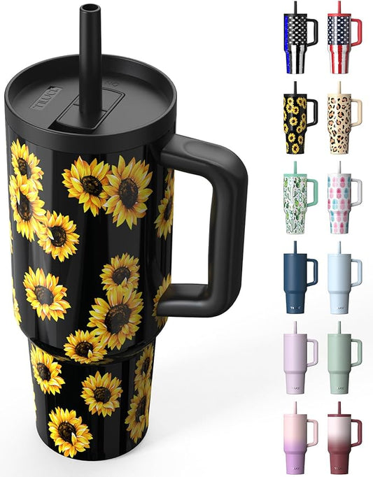TILUCK 40 oz Tumbler with Handle, Vacuum Insulated Stainless Steel Travel Mug with 100% Leak-Proof Silicone Straw Lid, Cupholder Friendly Water Bottle(SunFlower, 40oz)
