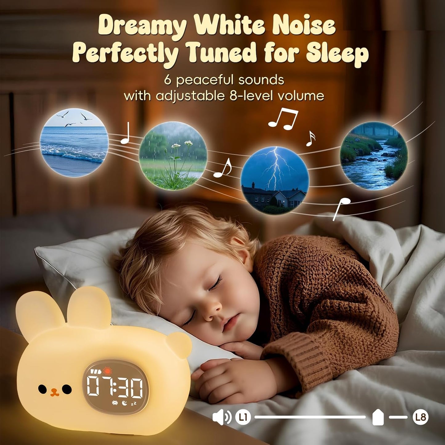 Bunny Alarm Clock with Night Light for Kids with Sleep Training and Sound Machine, Rechargeable Silicone Lamp OK to Wake Clock，Cute Animal Tabletop Lamp, Perfect Sleep Companion for Boys Girls
