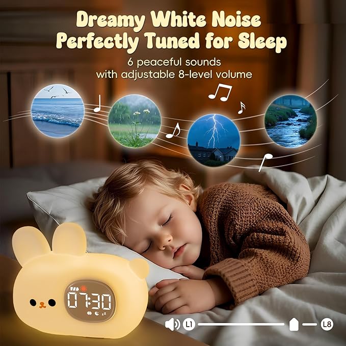 Bunny Alarm Clock with Night Light for Kids with Sleep Training and Sound Machine, Rechargeable Silicone Lamp OK to Wake Clock，Cute Animal Tabletop Lamp, Perfect Sleep Companion for Boys Girls - Bloomnest