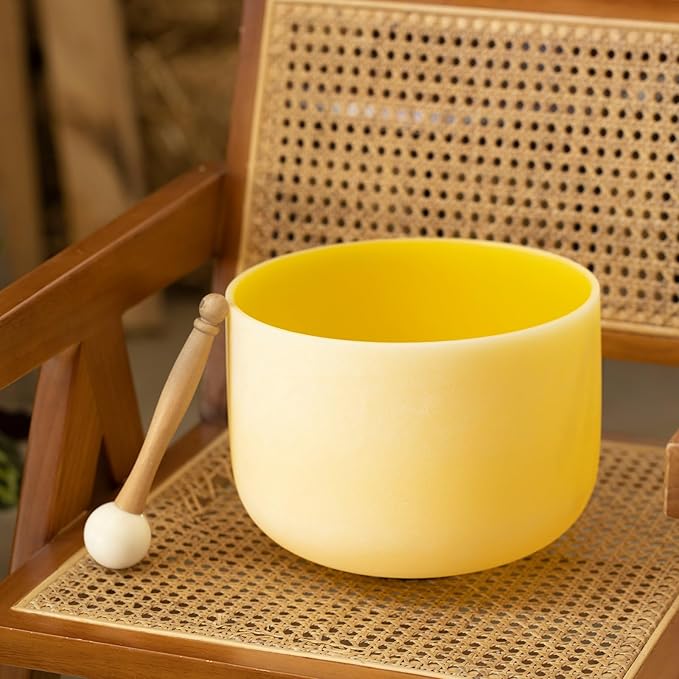 Hye-eun 10 inch E Note 432hz Solar Plexus Chakra Yellow Color Frosted Quartz Crystal Singing Bowl without Carrier Case for Yoga Healing Sound Energy Vibration