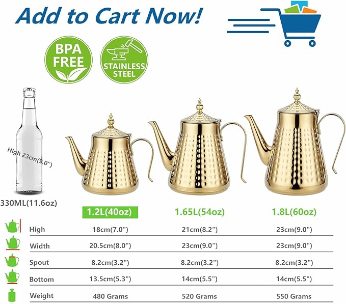 SANQIAHOME 1.2L(40oz) Stainless Steel Hammer Patterned Teapot With Removeable Infuser,Loose leaf cover,Gold - Bloomnest