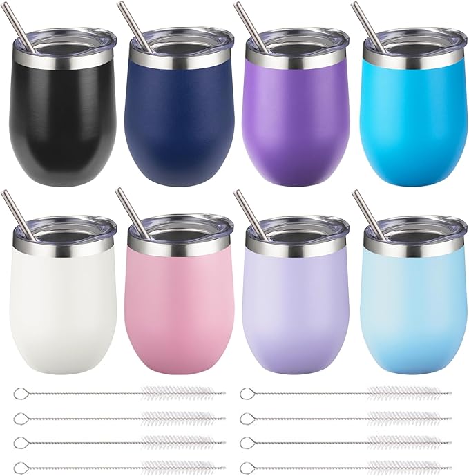 12 oz Insulated Wine Tumbler with Lid and Straw,Stainless Steel Stemless Wine Tumbler Double Wall Vacuum Wine Cups Tumbler Bulk for Coffee,Champaign,Cocktail,Office (Multicolor,8) - Bloomnest