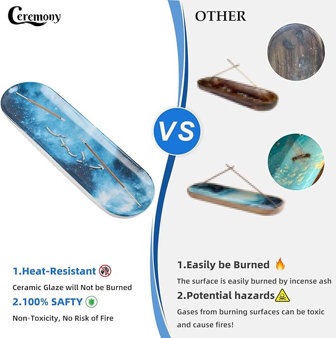 CEREMONY Incense Holder for Sticks, Ceramic Incense Burner with 60 Incense Sticks for Sage Palo Santo, Heat-Resistant Insence-Stick Holder for Backflow Incense Cones Meditation Yoga Spa Room Decor