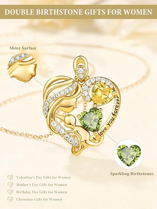 14K Gold Double Birthstone Heart Necklace for Women Mom, Mother Son/Daughter Pendant Necklace for Christmas Mother's Day Birthday Gifts for Wife Daughter Grandmom - Bloomnest