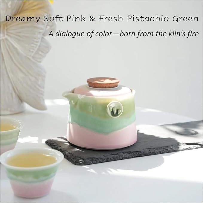 Hermit Life Chinese Travel Tea Set, Portable Ceramic Teapot for One to Two, Gongfu Tea Set with Color Gradient Design, 1 Pot 2 Cups, Gift for Tea Lovers (Pink&Pistachio Green) - Bloomnest