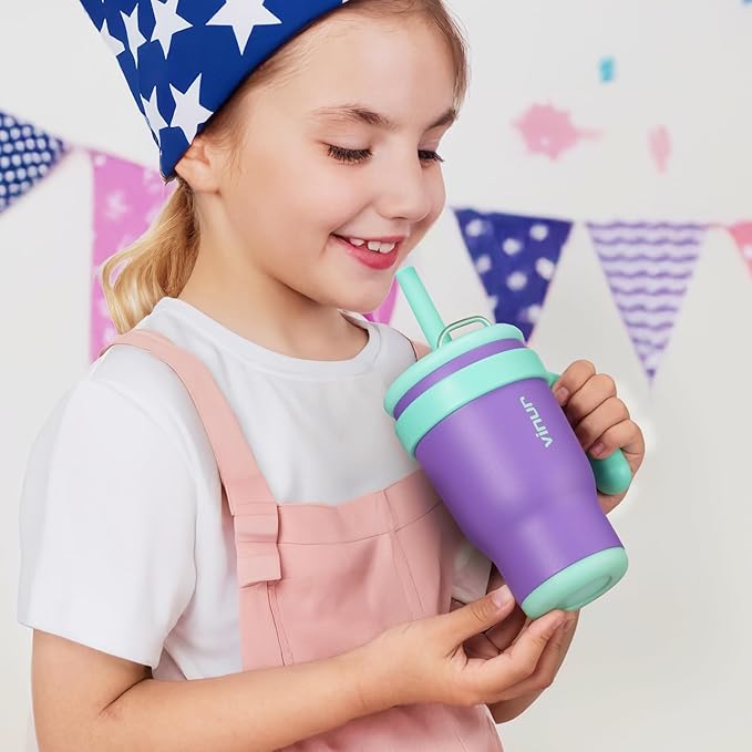 VINUR Kids Insulated Tumbler with Handle 14 oz Stainless Steel Vacuum Tumbler Travel Water Cup with Lid and Straw-Gift for Boys Girls, Navy-Purple - Bloomnest